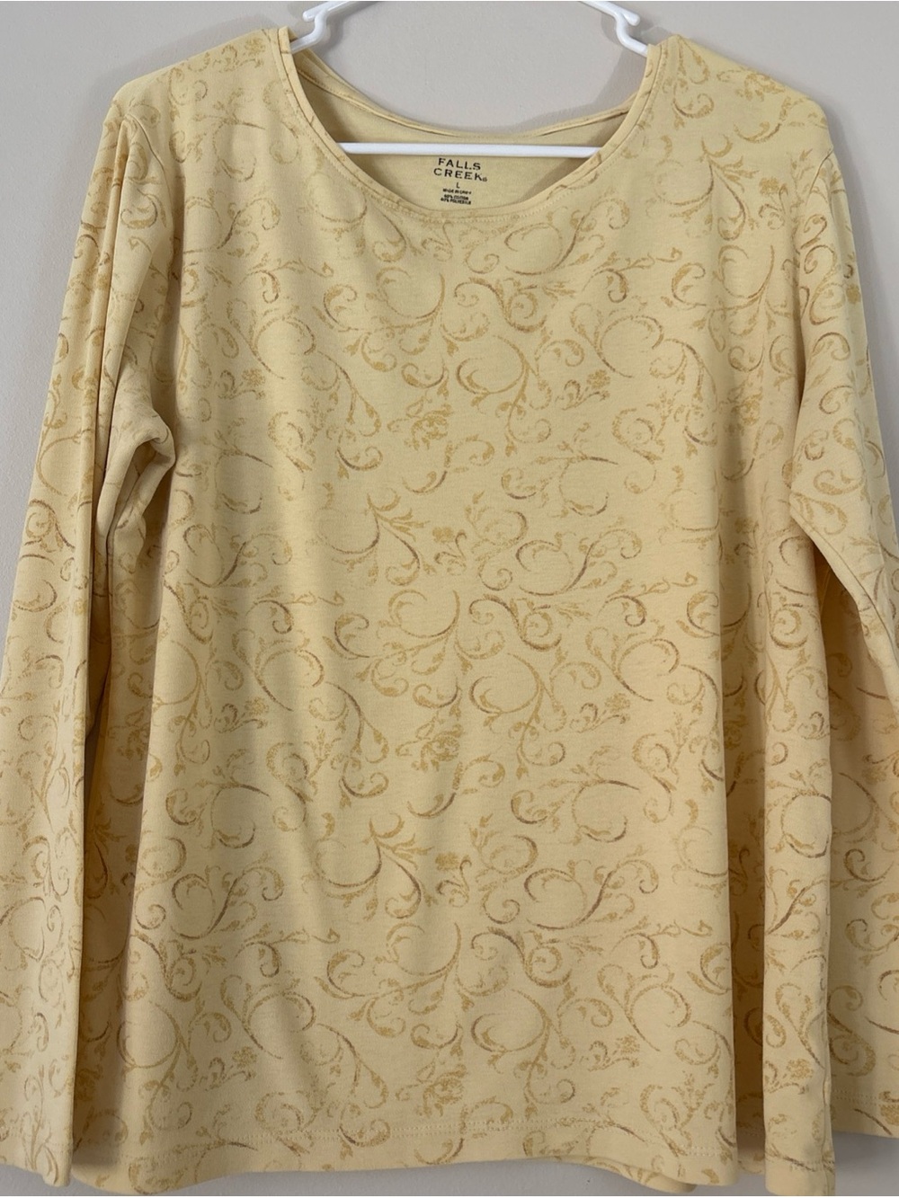 Falls Creek Women's Cream Long Sleeve Scoop Neck Top with Subtle Swirl Print